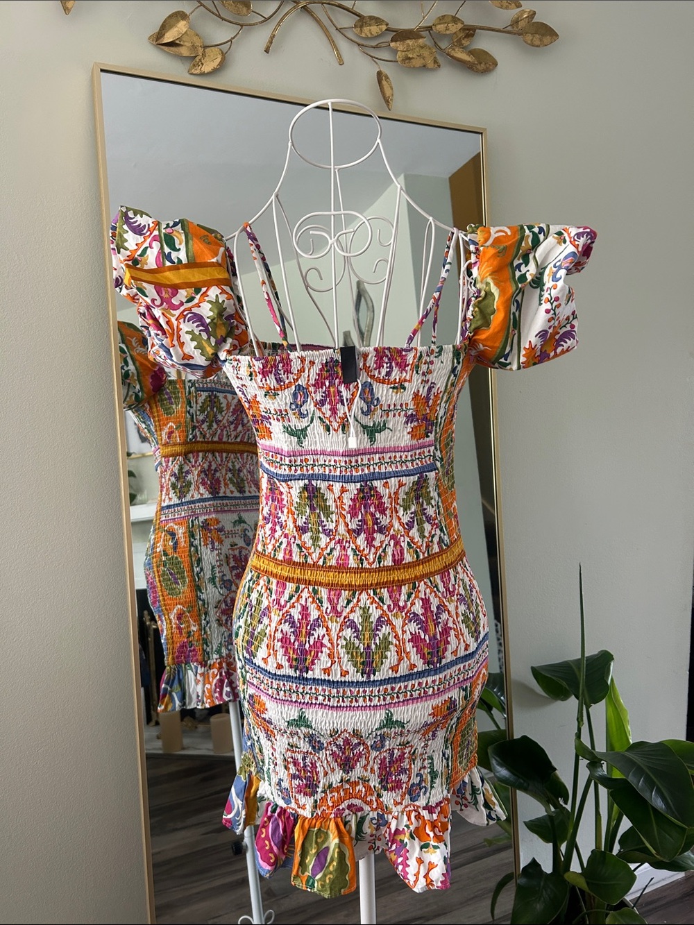 Mango Multicolor Smocked Floral Mini Dress with Puff Sleeves